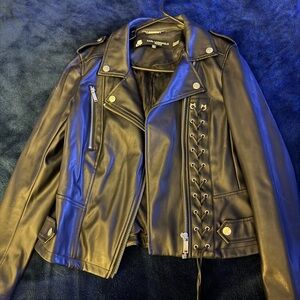 Karl Lagerfeld Black Leather Jacket with Lace-Up Design